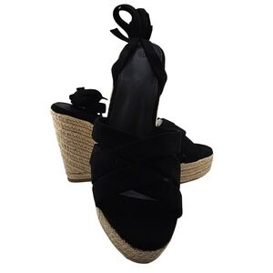 LAICIGO Women's Black Faux Suede Open Toe Espadrille Wedge Sandals Size 8.5 New‎
